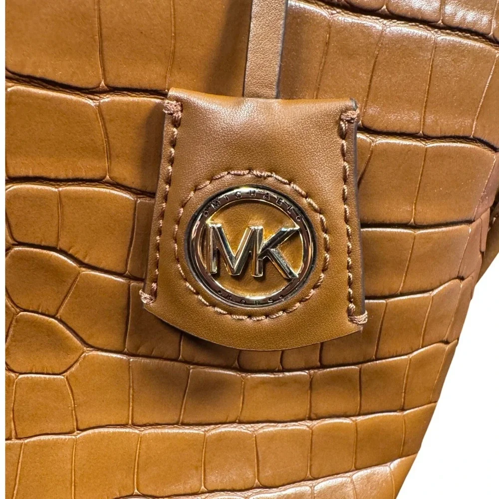 Michael Kors Tote Bag Tan Brown Croc Embossed Leather Shoulder Bag